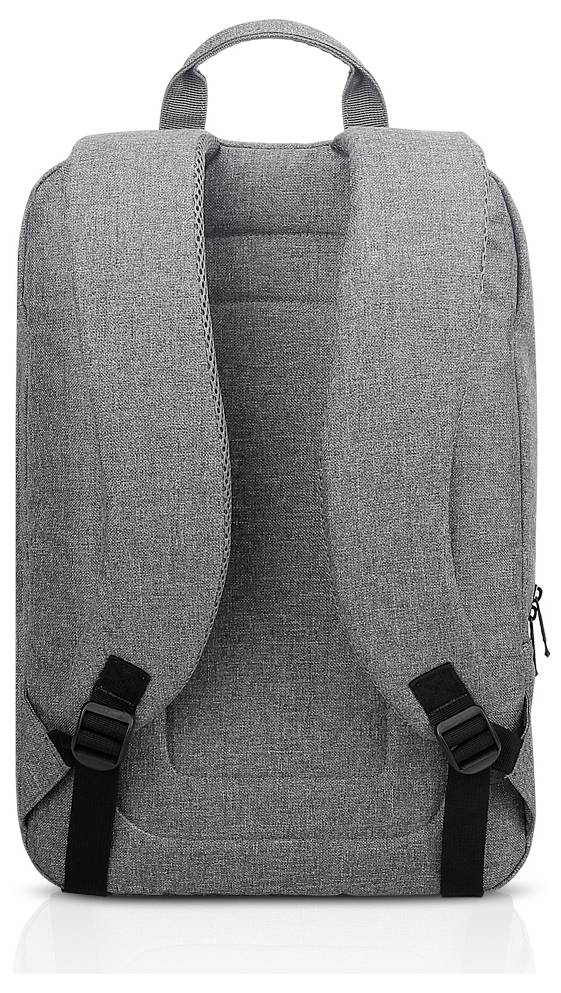 Szary plecak widziany od tyłu, wyposażony w dwie wyściełane szelki i górną pętlę do przenoszenia. Materiał wygląda na strukturalny i wytrzymały.