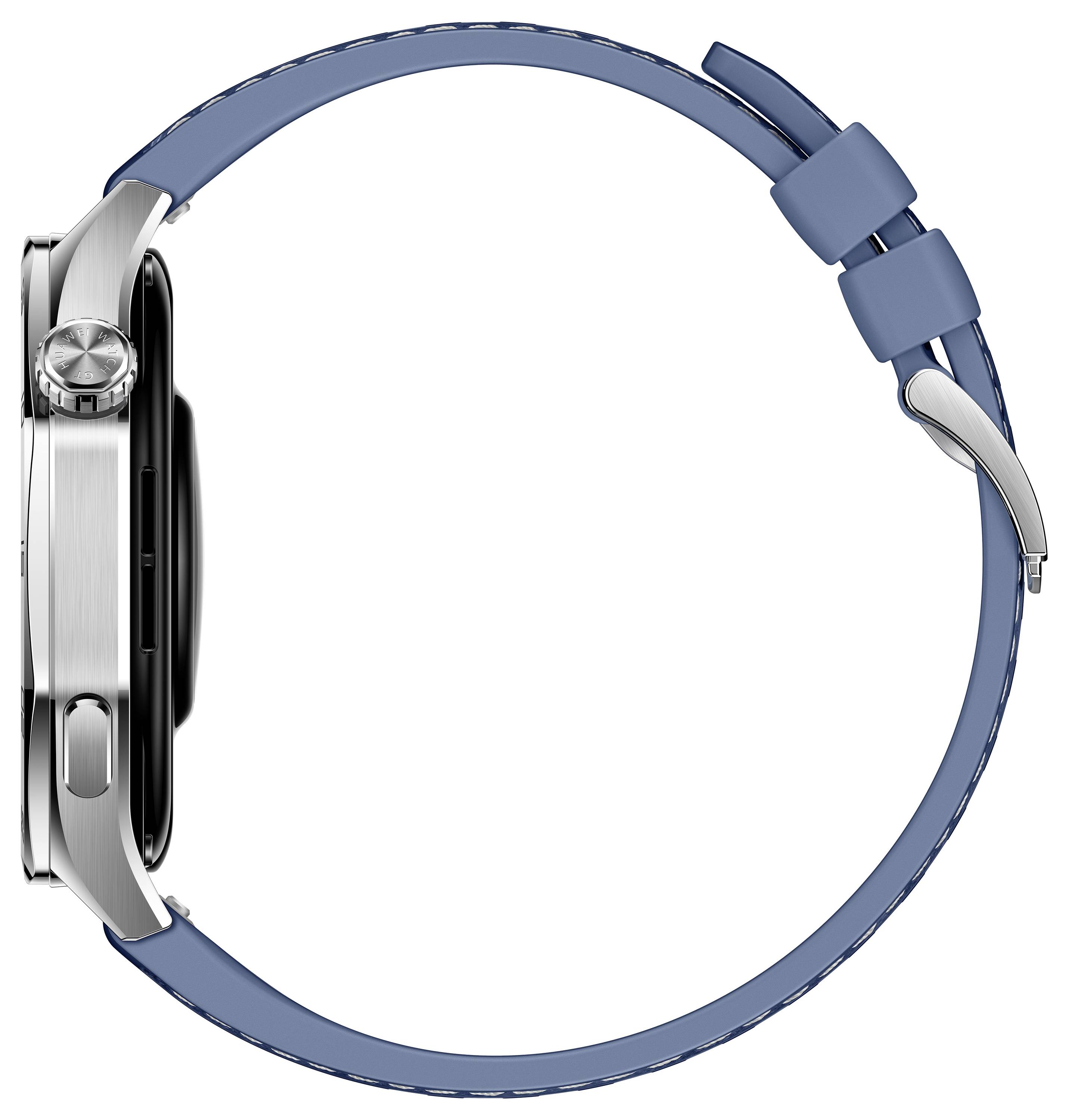 Smartwatch z srebrną obudową i niebieskim skórzanym paskiem, ujęcie z boku. Minimalistyczny design z okrągłą tarczą.