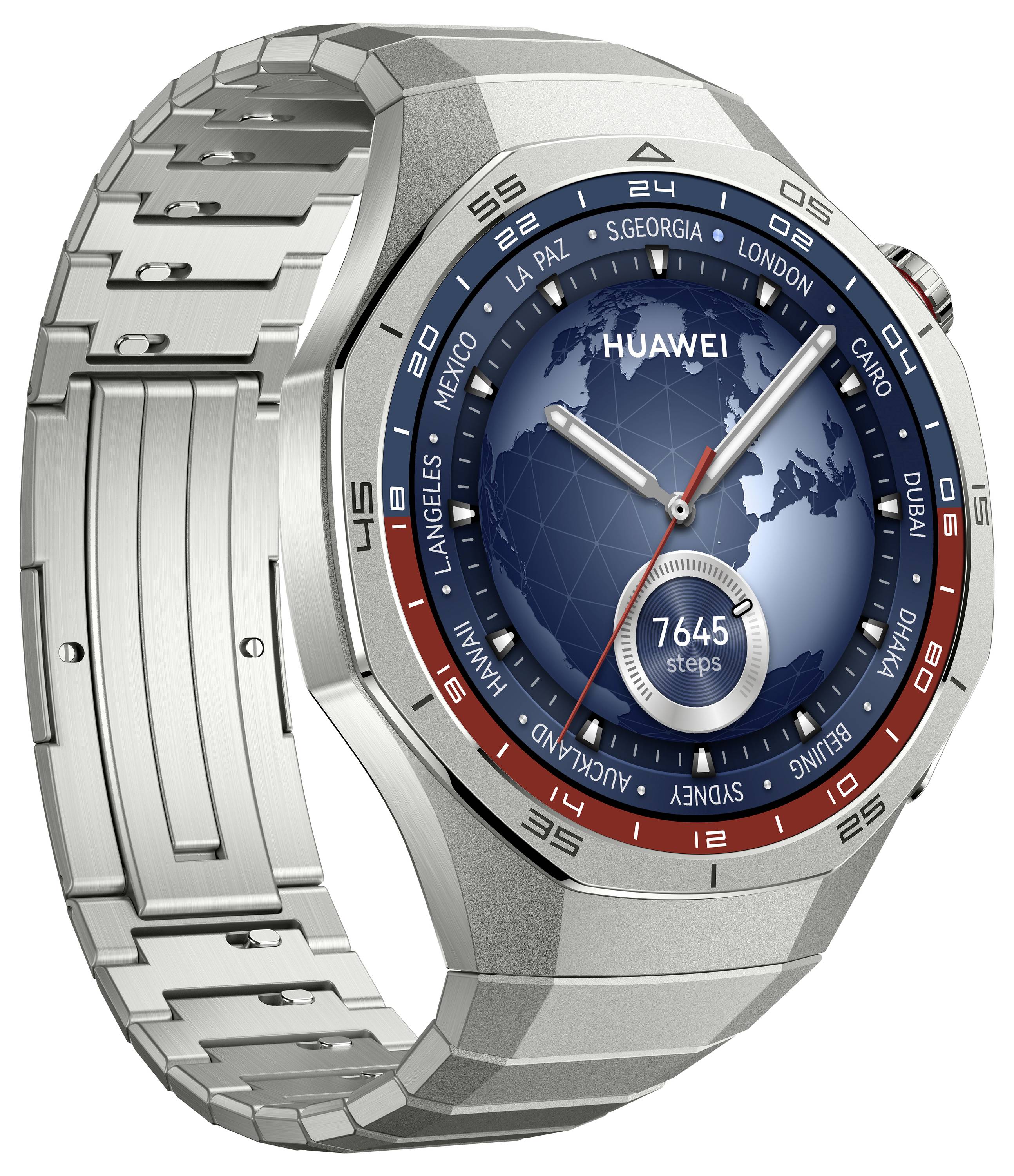 Srebrny smartwatch z wyświetlaczem czasu światowego i licznikiem kroków na tarczy. Widoczna nazwa marki. Owalna metalowa bransoleta.