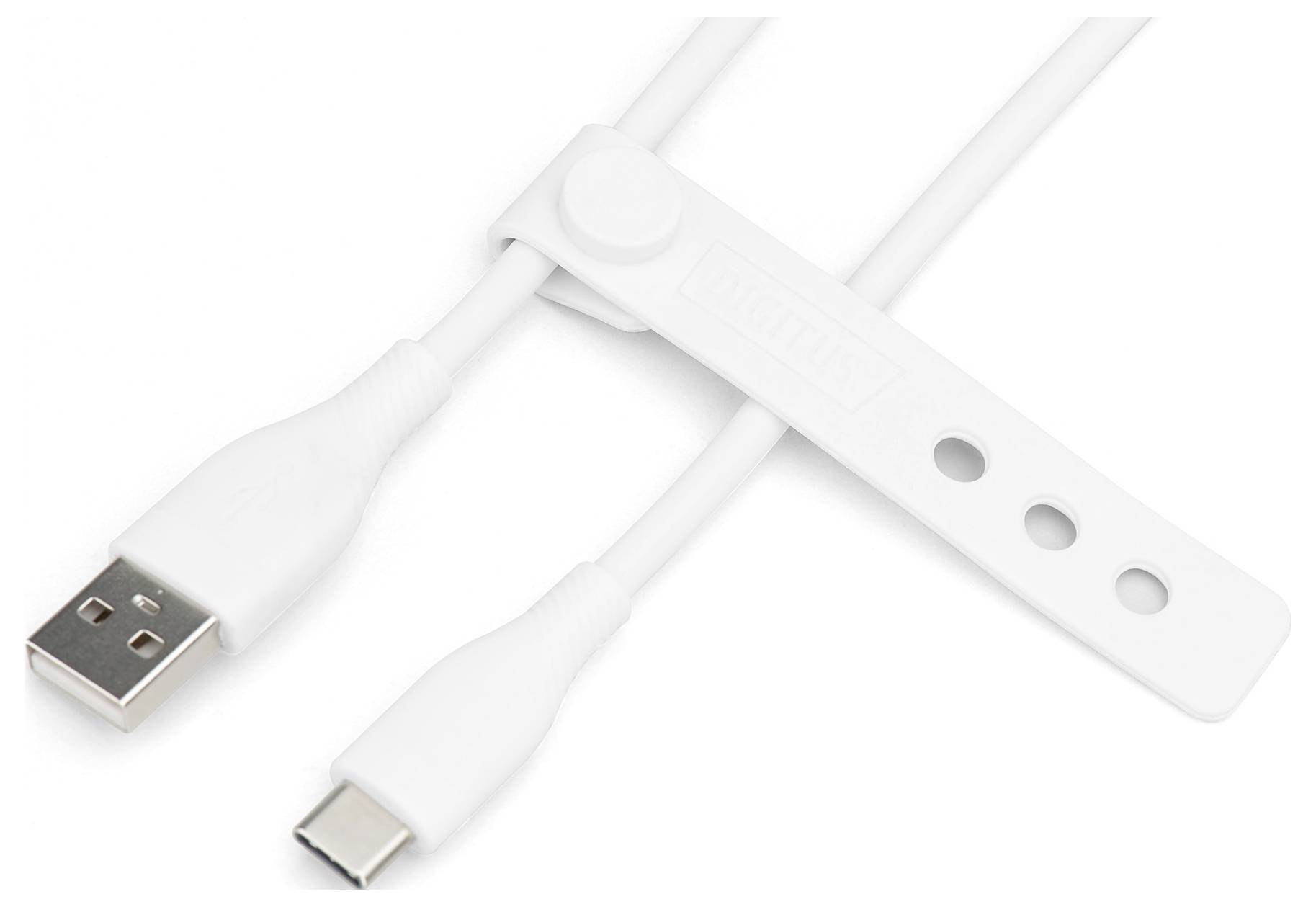 Białe kable USB i USB-C z klamrą do prowadzenia kabli.