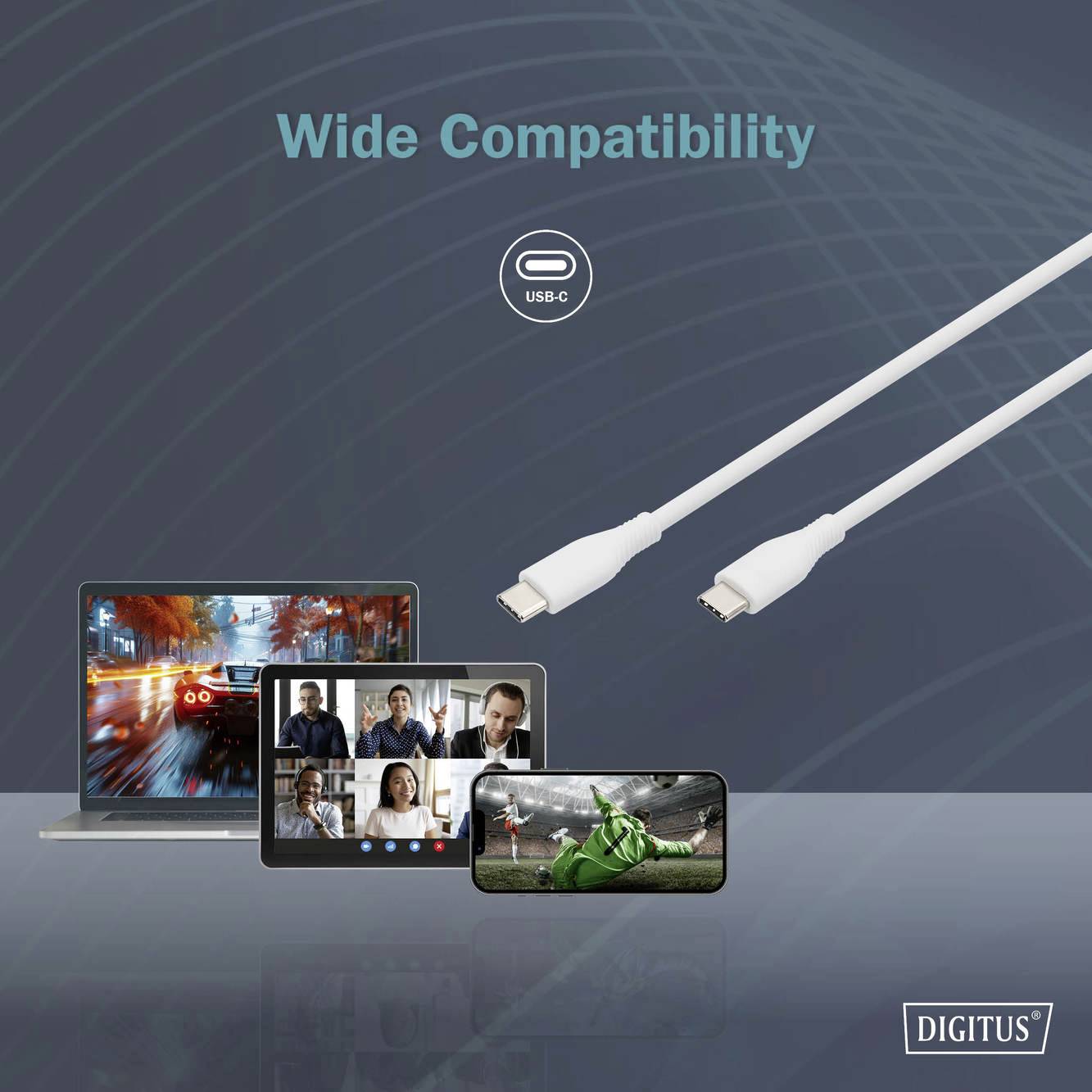 Kabel USB-C z dwoma wtyczkami; tekst 'Szeroka kompatybilność'. Podłączone do laptopa i tabletu, na których wyświetlane są obrazy z wideokonferencji i przyrody.