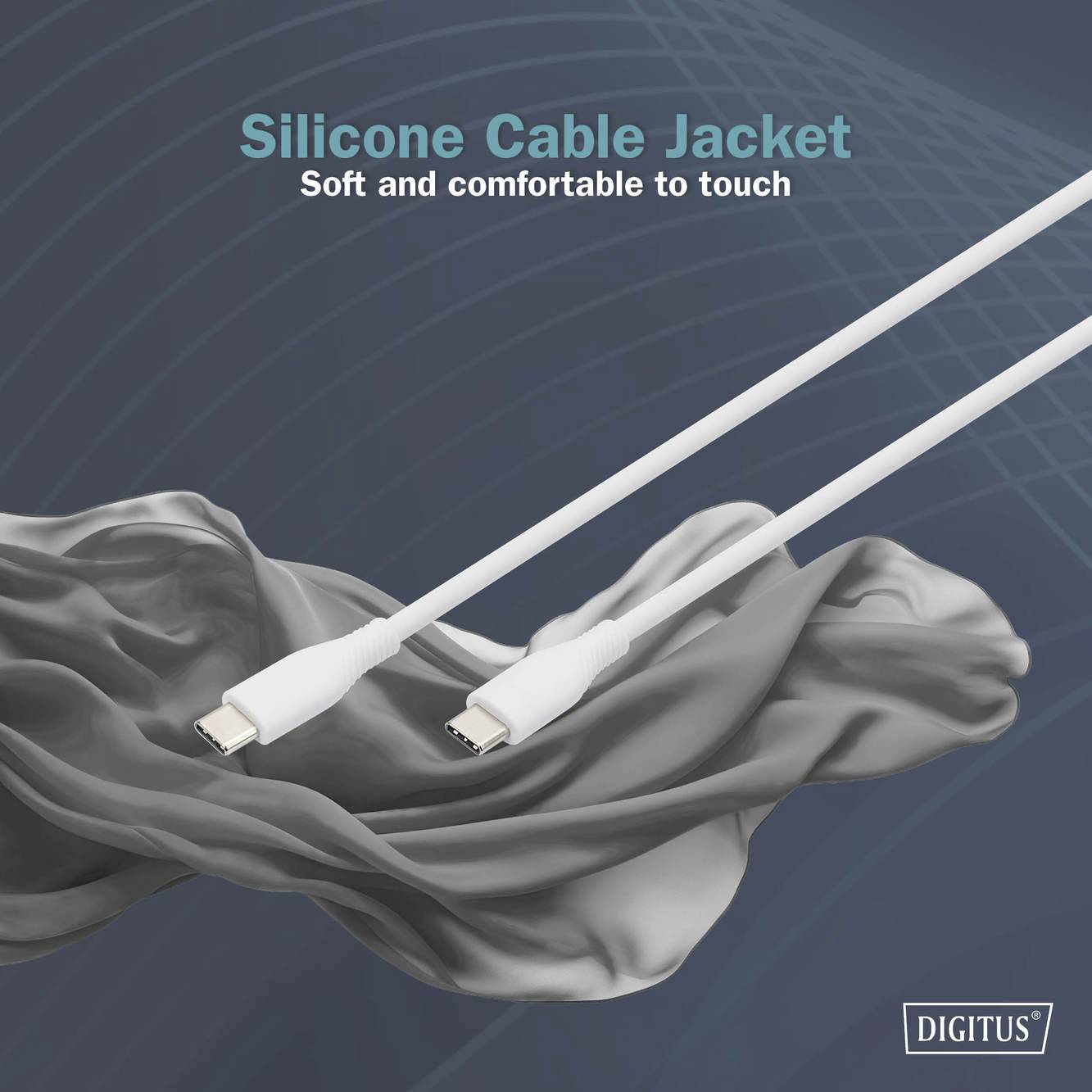 Dwa białe kable z wtyczkami USB-C leżą na szarej, jedwabistej tkaninie. W rogu widnieje napis 'Silicone Cable Jacket'.