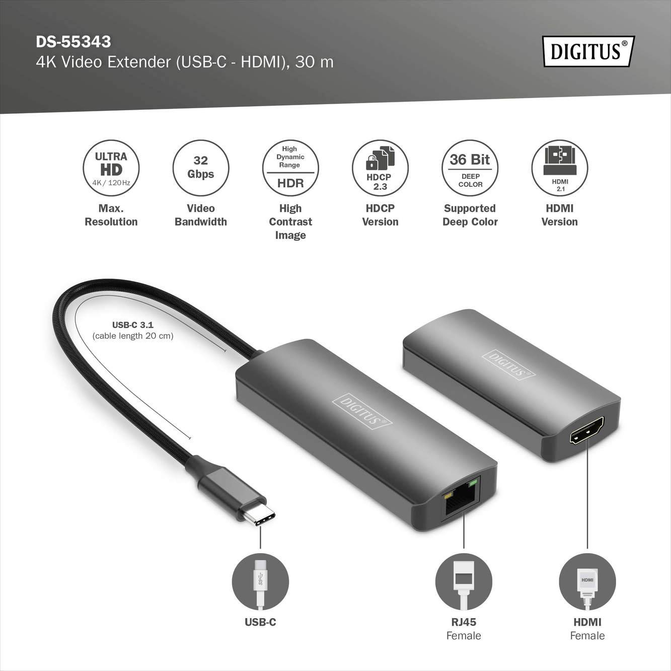 'DS-55343 4K Przedłużacz Wideo (USB-C - HDMI), 30 m' firmy DIGITUS. Funkcje: 4K Ultra HD, 32 Gb/s, obraz HDR, HDCP 2.2, złącze RJ45.