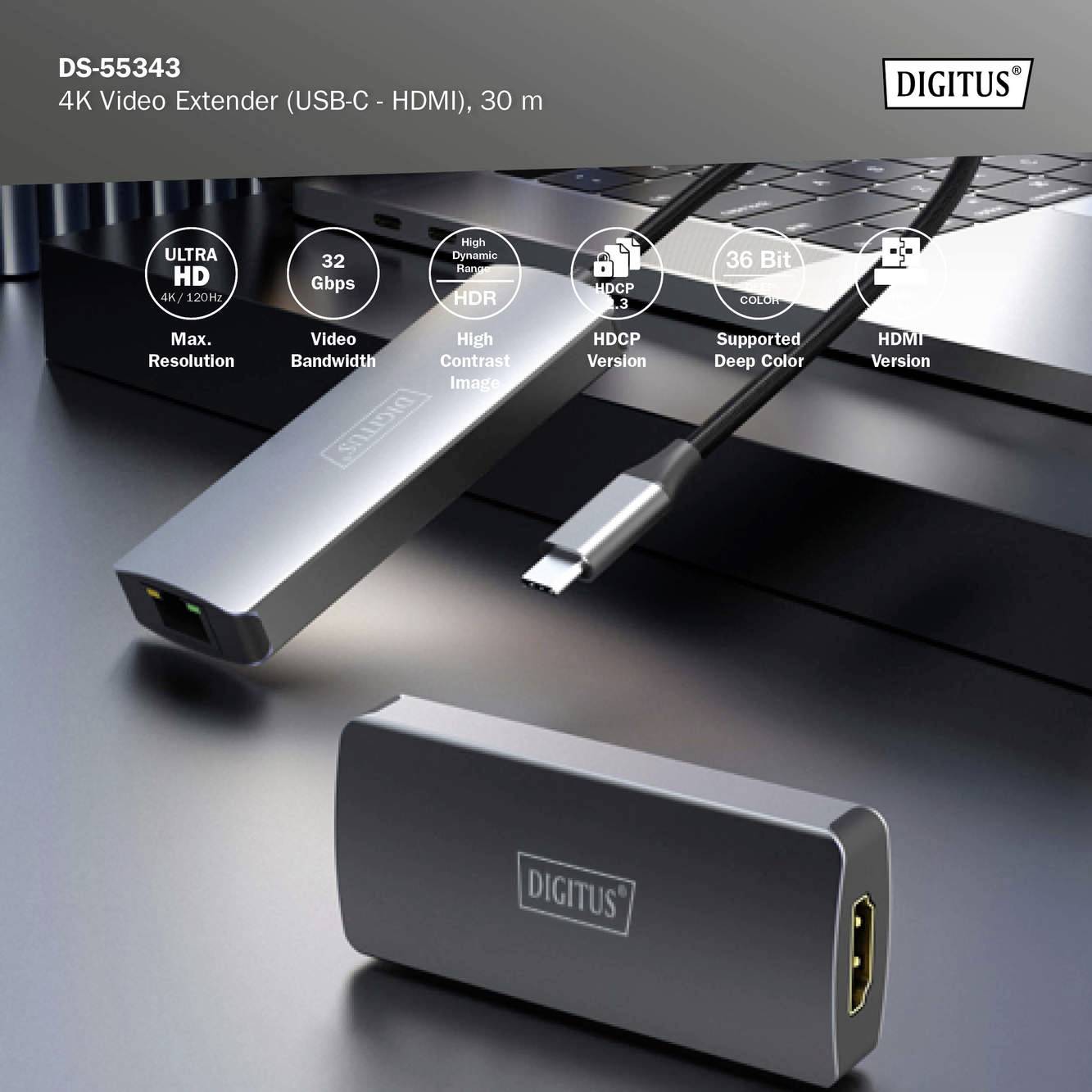 Digitus DS-55343 Przedłużacz Wideo 4K 30 m, obsługuje USB-C do HDMI, Ultra HD, HDR, Deep Color. Złącza i szczegóły techniczne widoczne.