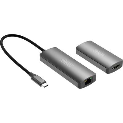 Adapter USB-C na HDMI i Ethernet. Pokazuje dwa adaptery: jeden z wyjściem HDMI, drugi z portem Ethernet, oba z wtyczką USB-C.