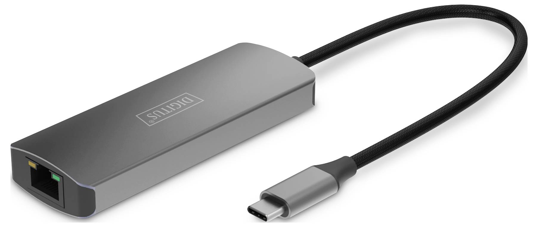 Adapter USB-C na Ethernet w kolorze srebrnym z czarnym przewodem, odpowiedni do podłączenia komputera do sieci przewodowej Ethernet.