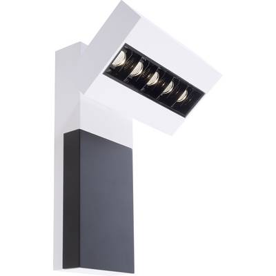 Nowoczesny, biały kinkiet z czarnym akcentem i wieloma widocznymi żarówkami, w minimalistycznym stylu.