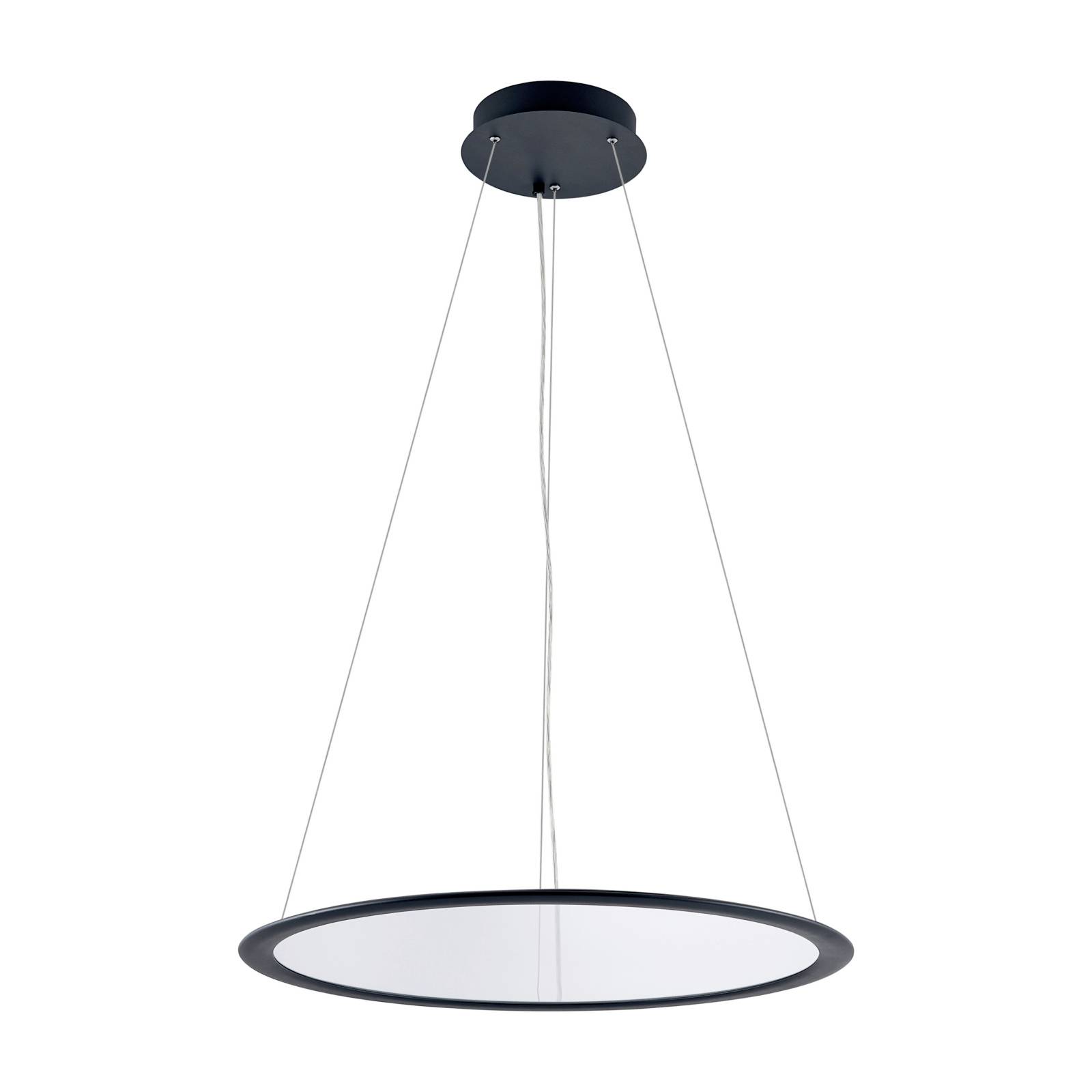 Lampa wisząca z czarną ramą i okrągłą, białą powierzchnią świecącą, zawieszona na cienkich linach, idealna do nowoczesnych wnętrz.