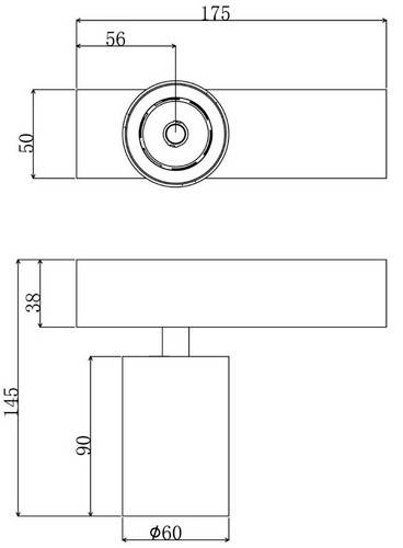 Rysunek techniczny klamki z wymiarami: długość 175 mm, wysokość uchwytu 50 mm, wysokość całkowita 145 mm, obwód uchwytu 60 mm.