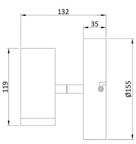 Rysunek techniczny elementu z wymiarami w milimetrach: szerokość 132, głębokość 35, wysokość 119, średnica 155.
