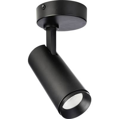 Czarny sufitowy spot LED z cylindrycznym kloszem i regulowanym ramieniem, przeznaczony do precyzyjnego oświetlenia wnętrz.