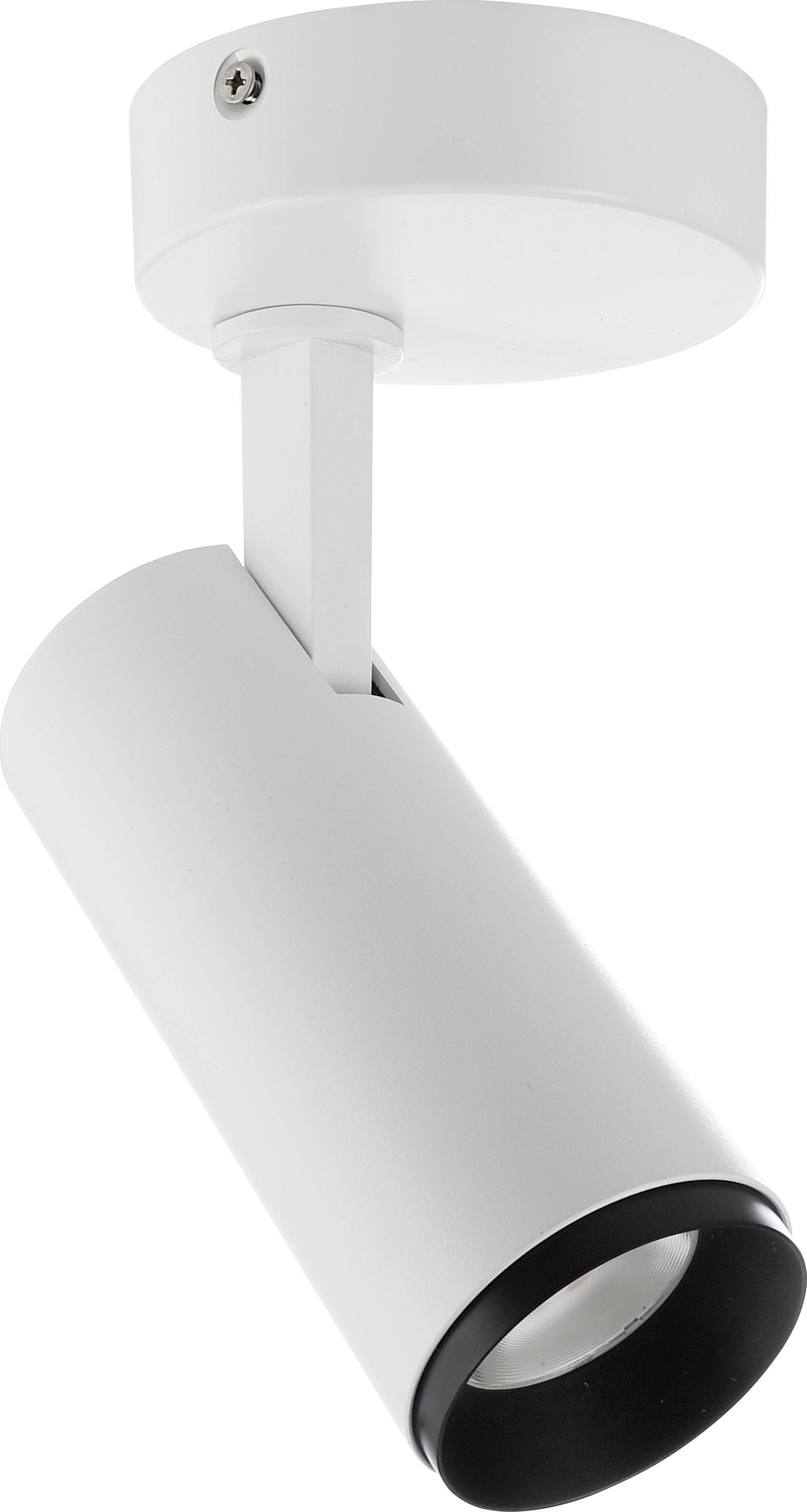 Biały, cylindryczny reflektor sufitowy z czarną krawędzią, montowany obrotowo, przeznaczony do akcentowego oświetlenia.