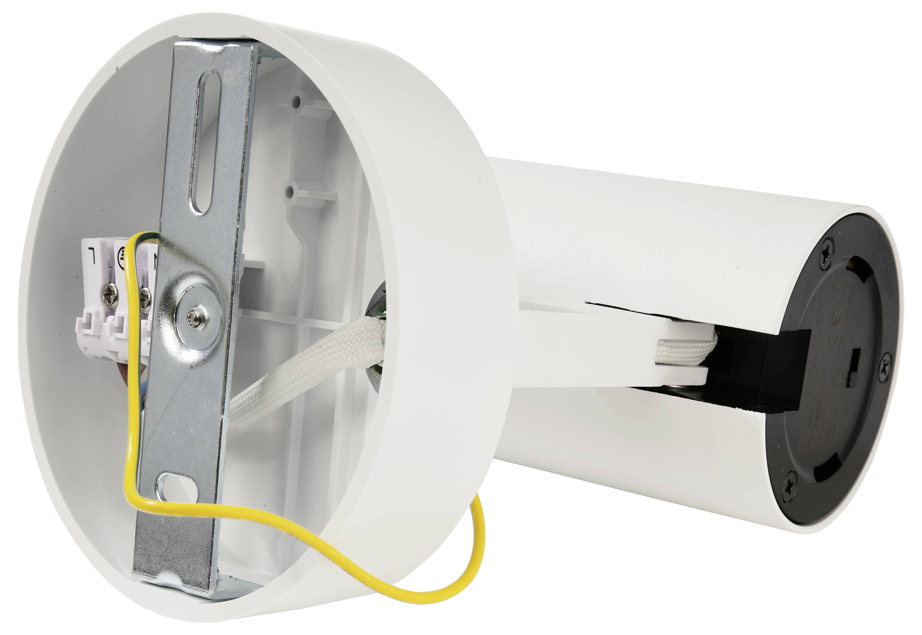 Biała cylindryczna oprawka lampy, otwarta i ułożona na boku; widoczne wewnętrzne przewody i metalowy uchwyt.