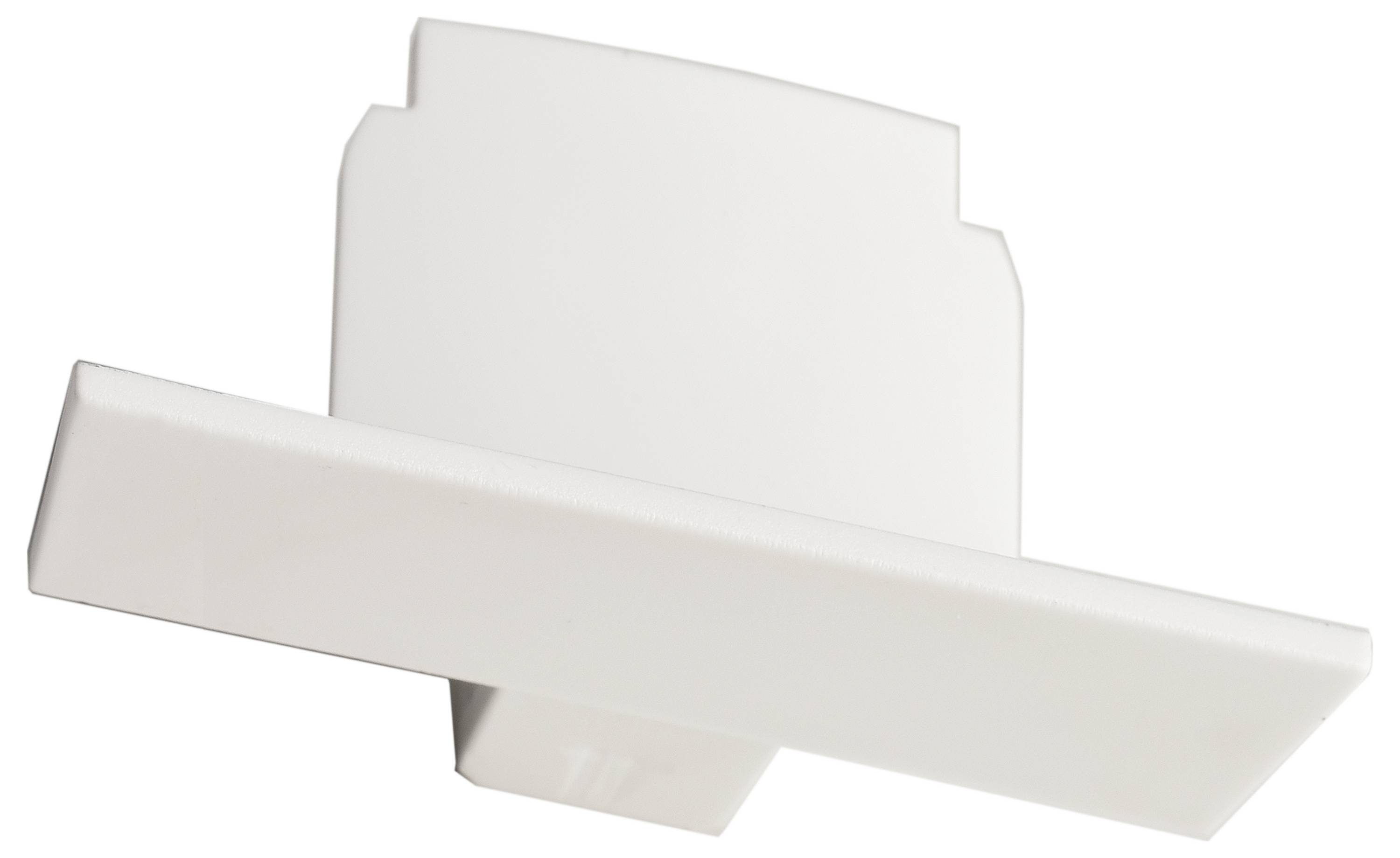 Białą, prostokątną półkę ścienną z tworzywa sztucznego o zaokrąglonych narożnikach, zaprojektowaną w minimalistycznym i nowoczesnym stylu.