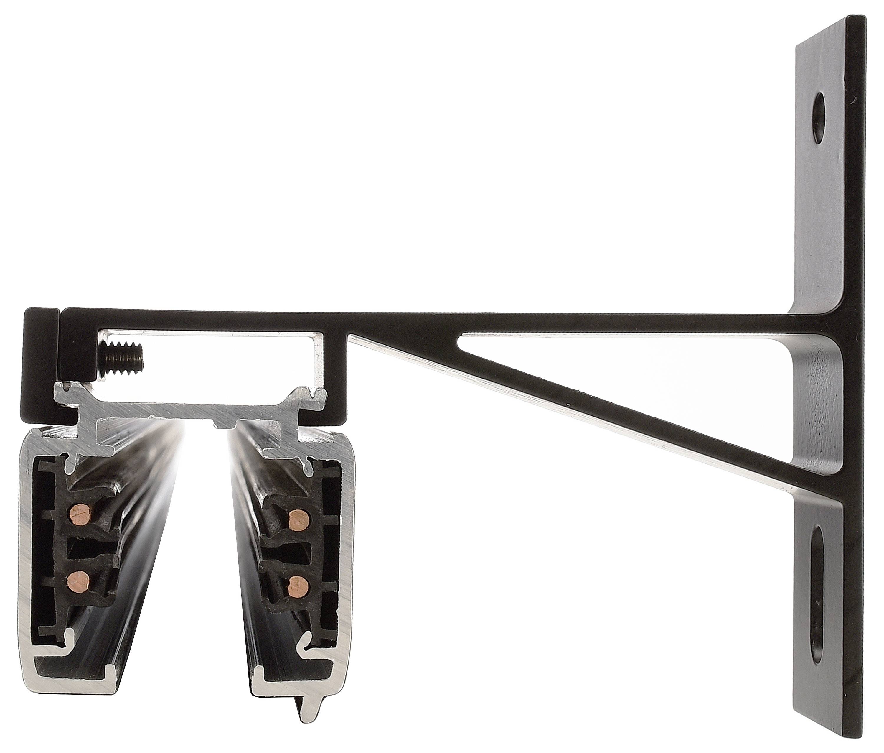 Mocowanie metalowe do elementów elektrycznych, prezentujące dwie równoległe szyny z przewodami miedzianymi, zamocowane na wsporniku.