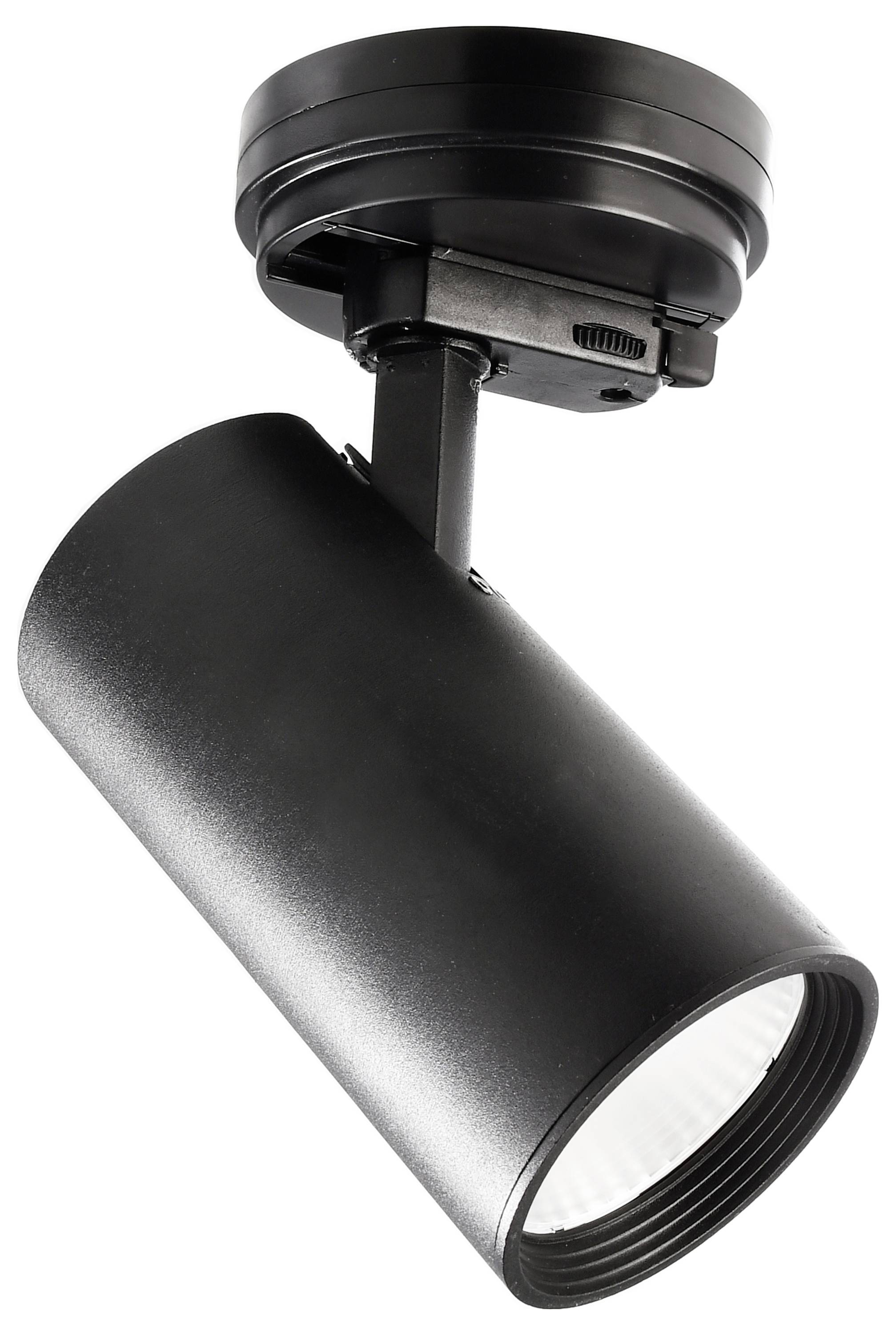 Czarny plafon metalowy w kształcie cylindra, z regulowanym kątem nachylenia, przeznaczony do precyzyjnego oświetlenia.