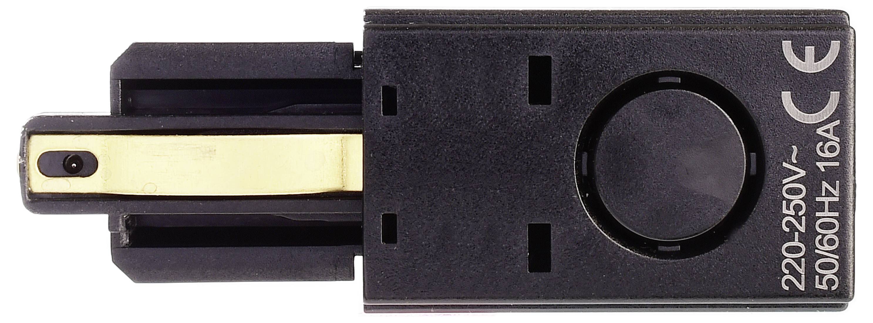 Czarny wtyk elektryczny ze złotym stykiem, z napisem '220-250V~ 50/60Hz 16A', oznaczenie CE, widziany z boku.