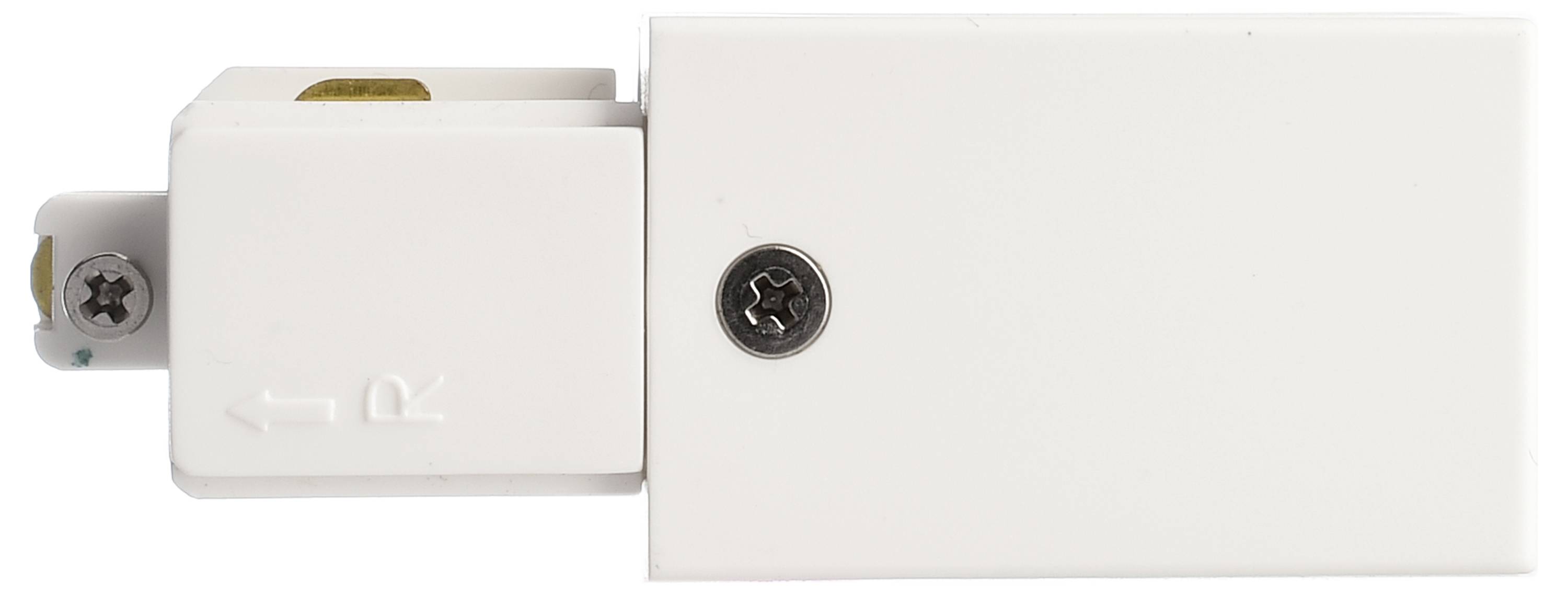 Biały elektryczny złącz z wkrętem na górnej powierzchni. Po lewej stronie mały dźwigienka oznaczona literą 'R'.