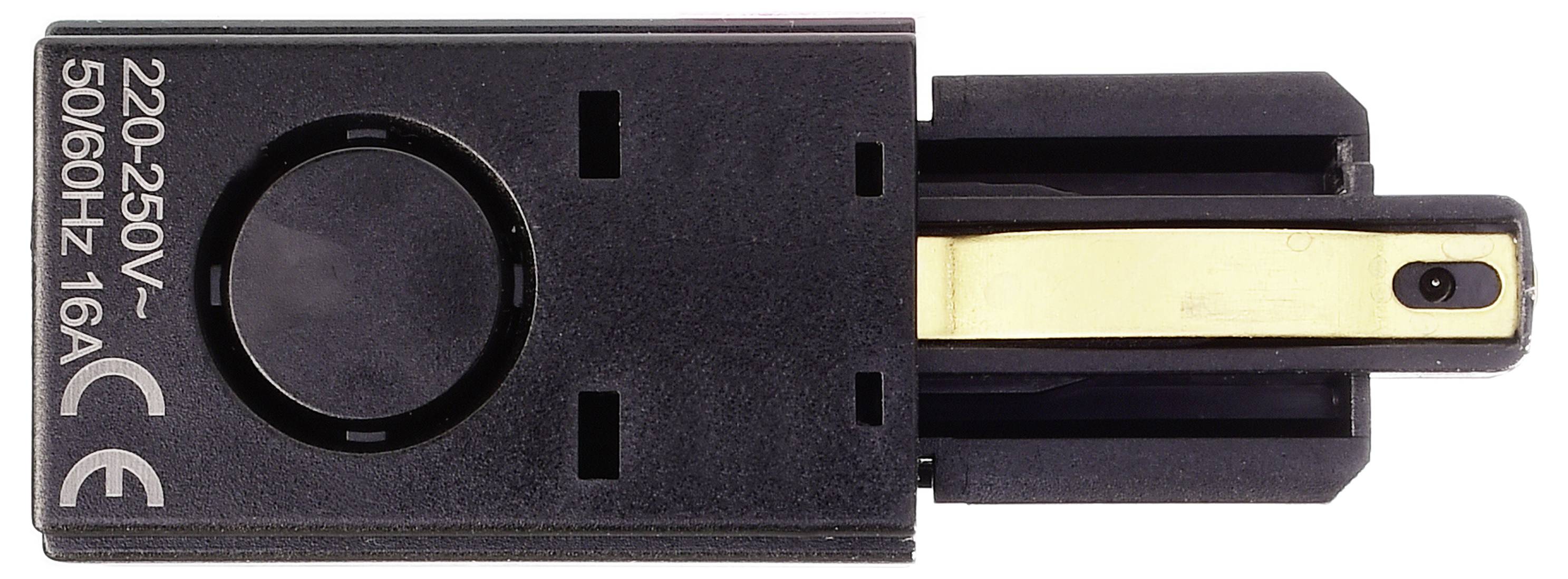 Czarno-złoty element elektryczny z napisem '220-250V~ 50/60Hz 16A'.