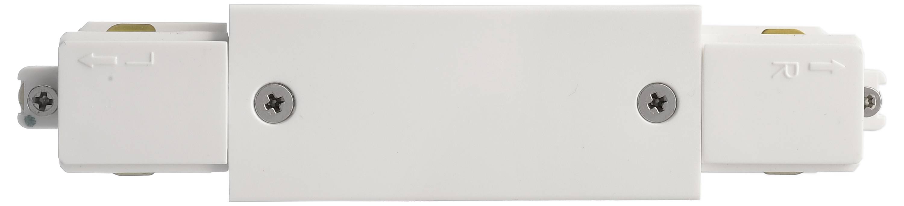 Biały, prostokątny adapter elektryczny z śrubami i złączami po obu stronach.