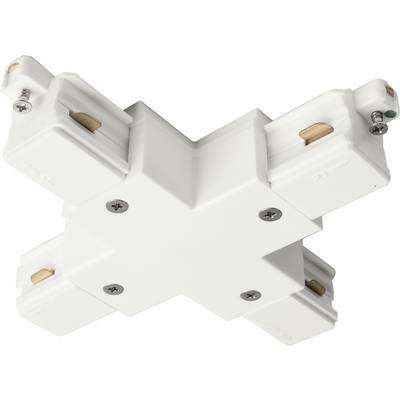 Biały plastikowy łącznik w kształcie X, używany do łączenia przewodów elektrycznych lub szyn. Śruby widoczne na rogach.