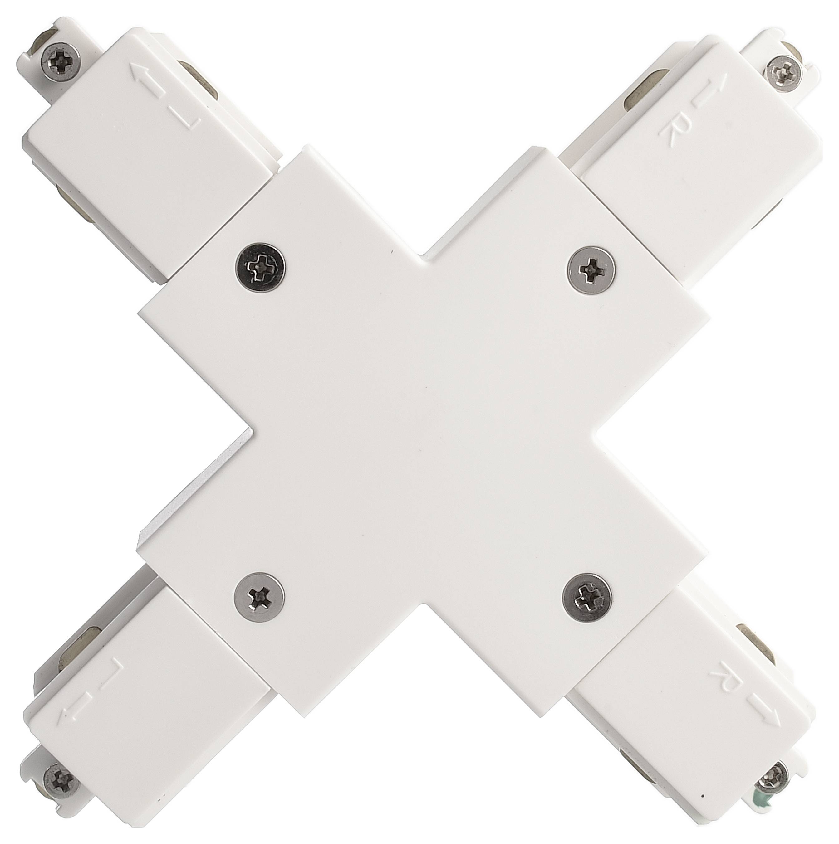 Biały, krzyżowy złącz z czterema przyłączami, oznaczony strzałkami kierunkowymi.