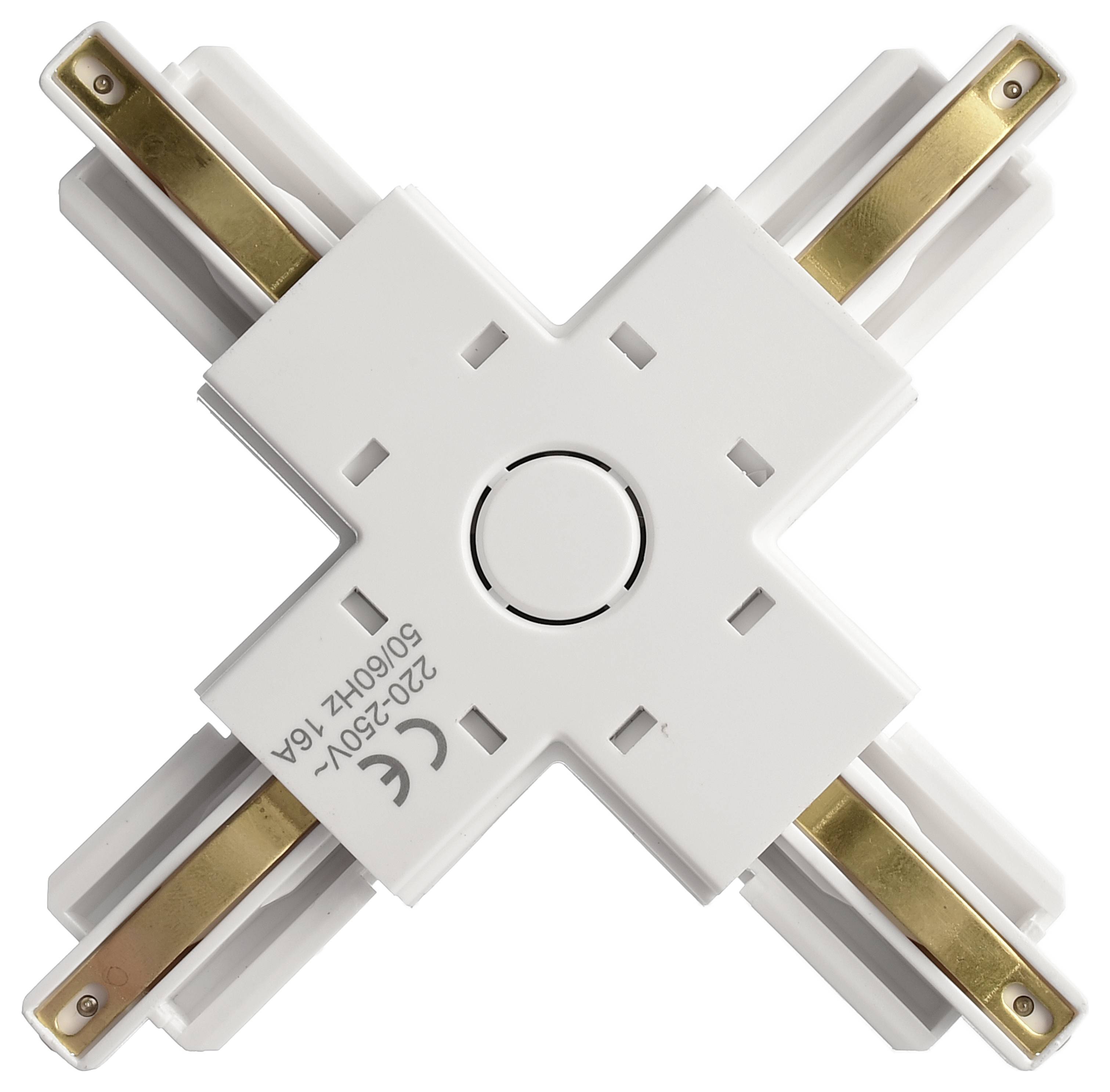 Biały, krzyżowy złącz elektryczny z szynami miedzianymi, odpowiedni dla napięcia 220-250V i natężenia 5A, stosowany w systemach szynowych.