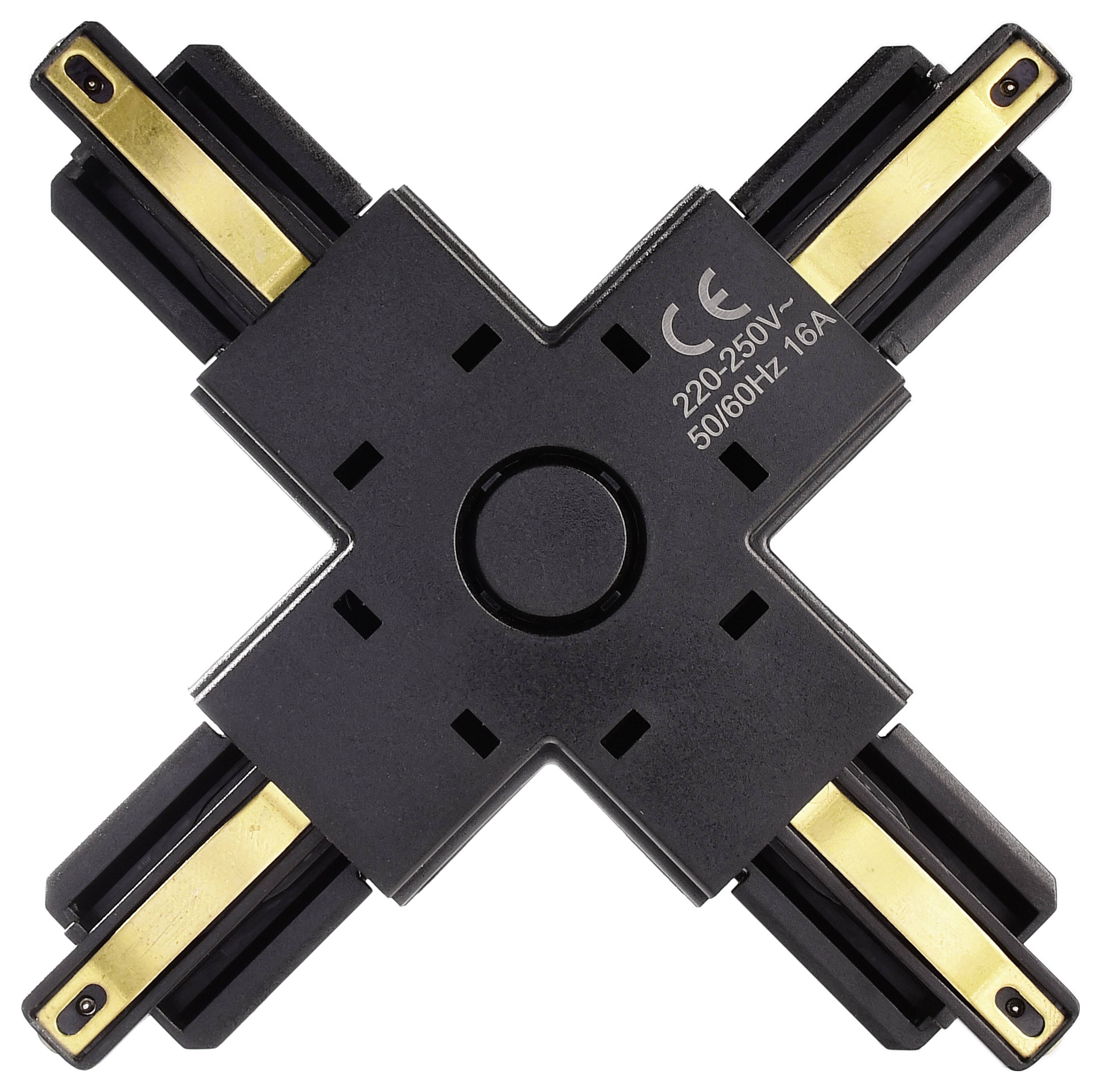 Czarny łącznik krzyżowy do systemów szynowych ze złotymi stykami i specyfikacjami technicznymi na górnej powierzchni.