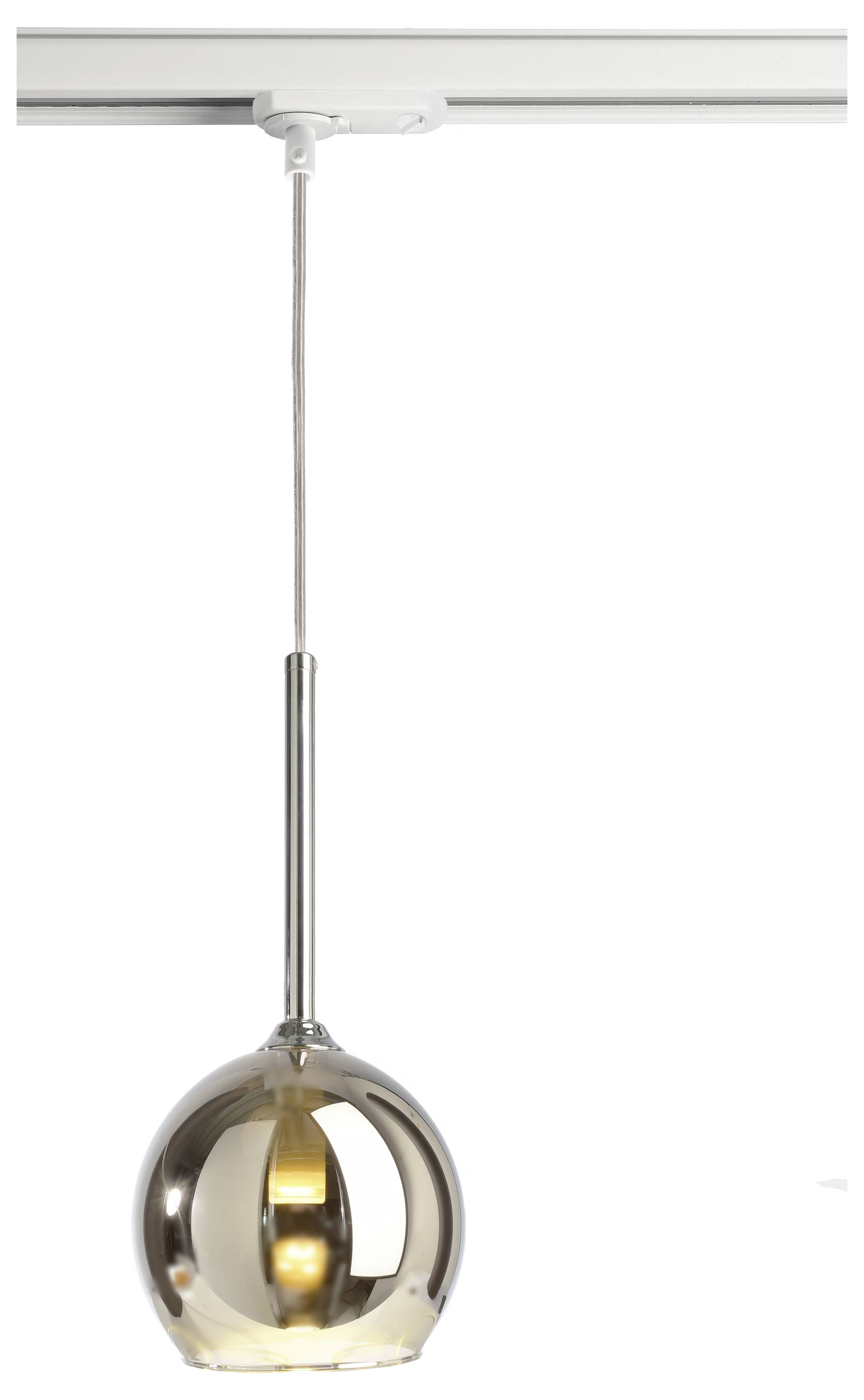 Nowoczesna, kulista lampa wisząca z metalu zawieszona jest na przewodzie z białego uchwytu.