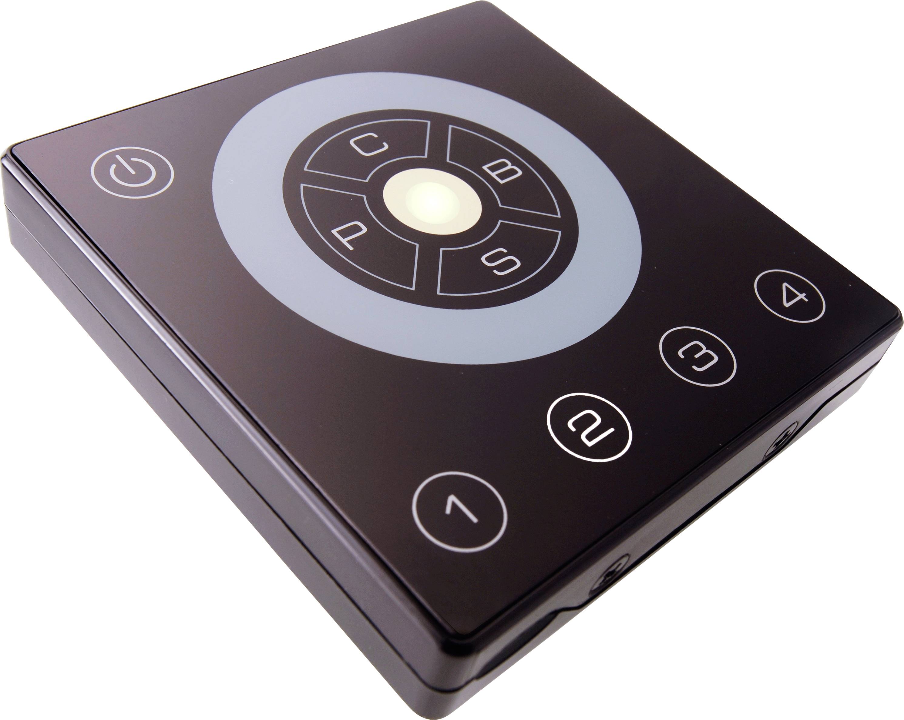 Kwadratowy panel sterujący z pięcioma przyciskami: Włącz/Wyłącz, C, B, S oraz centralnym przyciskiem. Poniżej ponumerowane przyciski od 1 do 4.