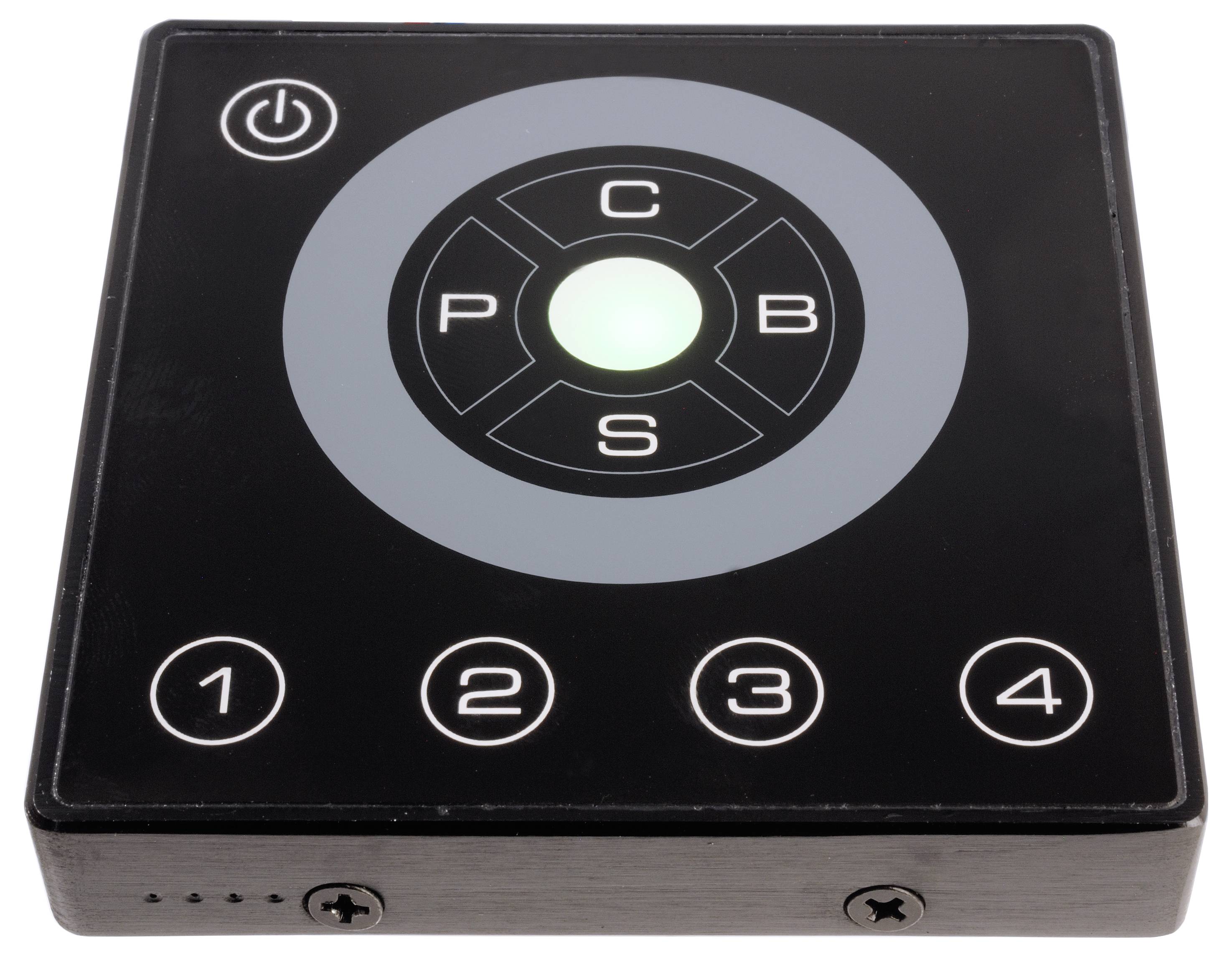 Czarna płyta sterująca z centralnym świecącym przyciskiem oraz czterema otaczającymi go przyciskami, ponumerowanymi od 1 do 4.