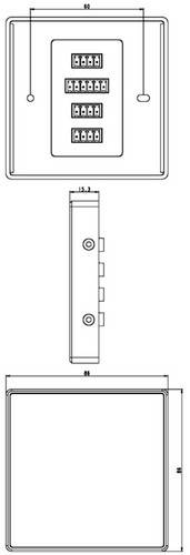 Rysunek techniczny prostokątnego urządzenia elektronicznego z kilkoma przełącznikami DIP na przedniej płaszczyźnie oraz widok z boku z naniesionymi wymiarami.