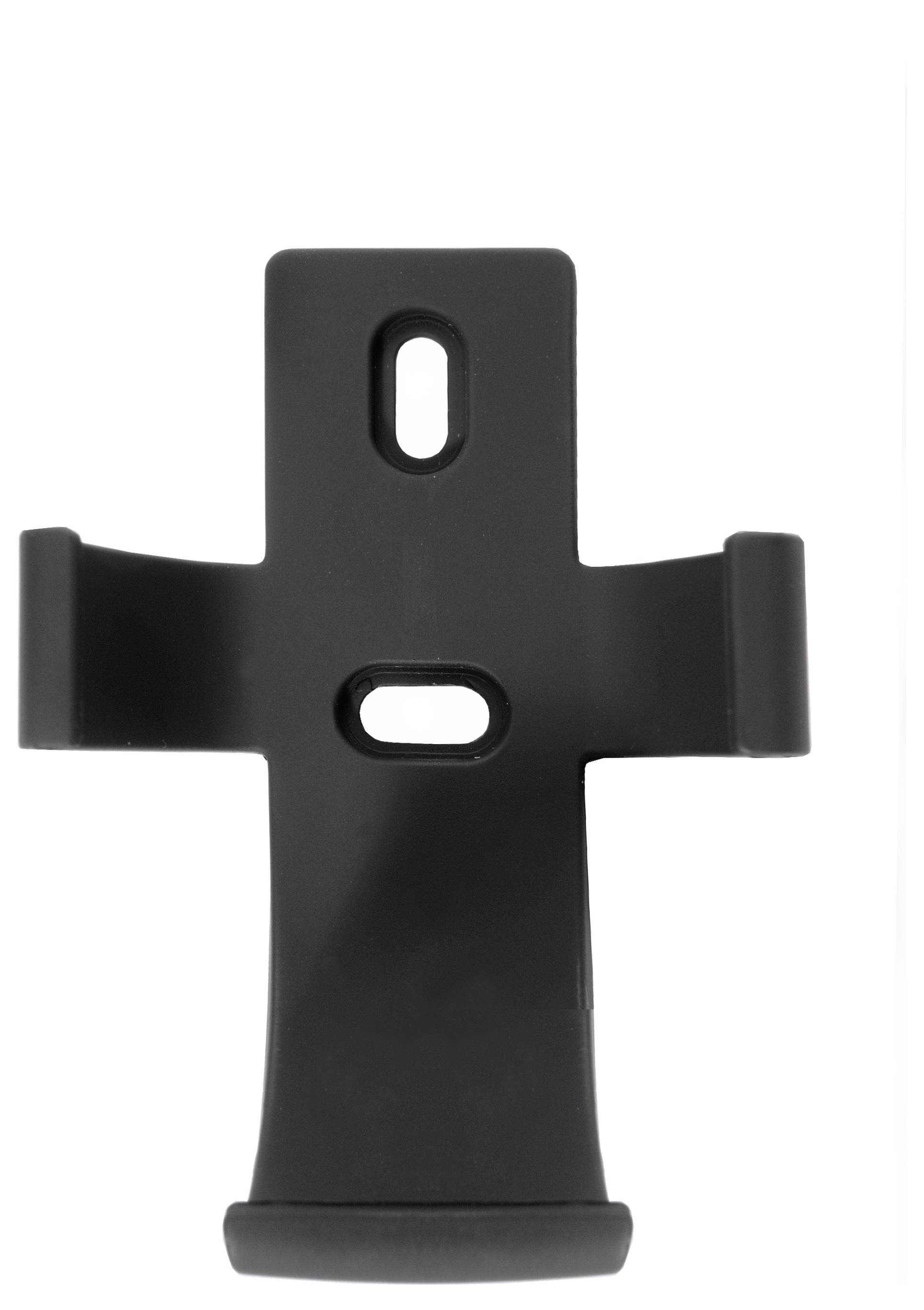 Czarny, krzyżowy uchwyt urządzenia wykonany z tworzywa sztucznego, wyposażony w dwa boczne ramiona chwytające oraz dwa otwory mocujące w środku.