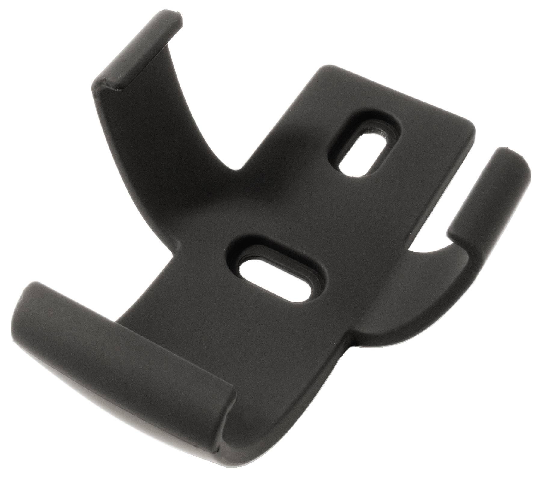 Czarny plastikowy uchwyt z trzema wygiętymi ramionami, dwoma otworami i płytką montażową. Funkcja lub zastosowanie nie są widoczne.