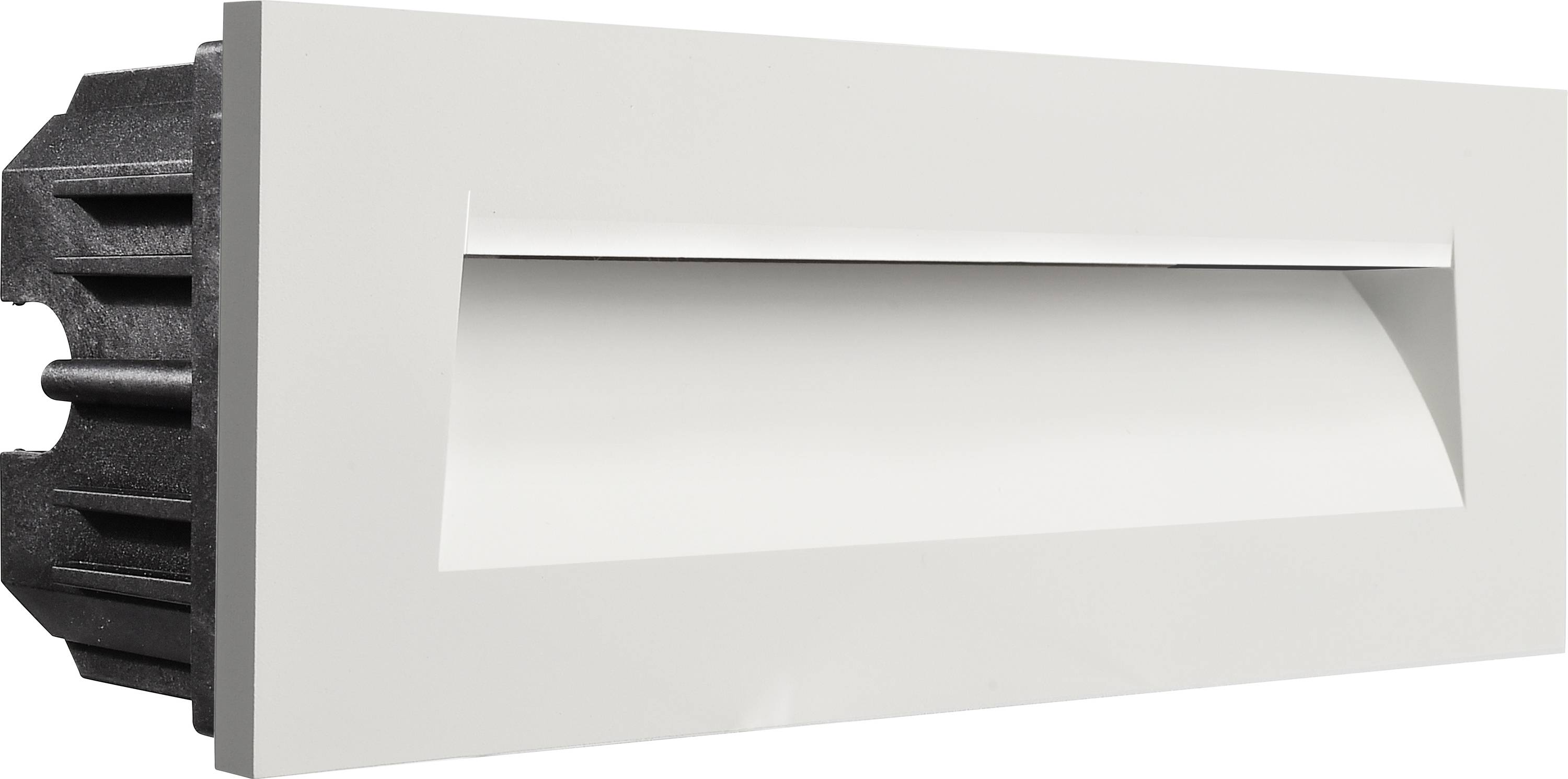 Prostokątna, biała oprawa wpuszczana o asymetrycznym rozsyle światła, przeznaczona do montażu naściennego lub sufitowego we wnętrzach.