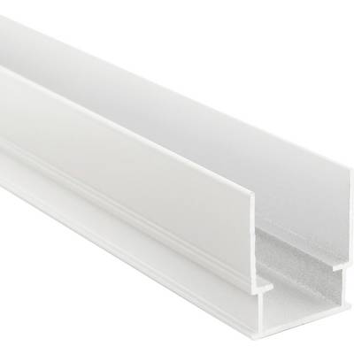 Biały plastikowy pasek z rowkiem w kształcie litery U, odpowiedni do mocowania lub umieszczania długich, cienkich obiektów w różnych zastosowaniach.