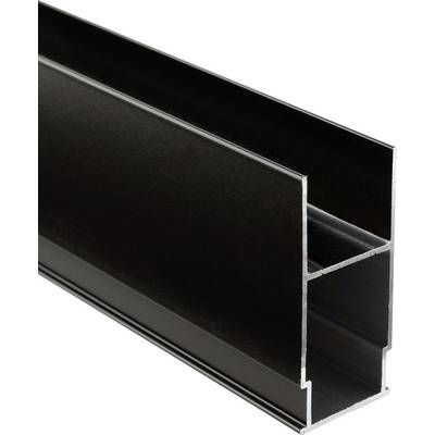 Czarny profil aluminiowy w kształcie litery U, widziany z boku. Stosowany w projektach budowlanych lub konstrukcjach ramowych.