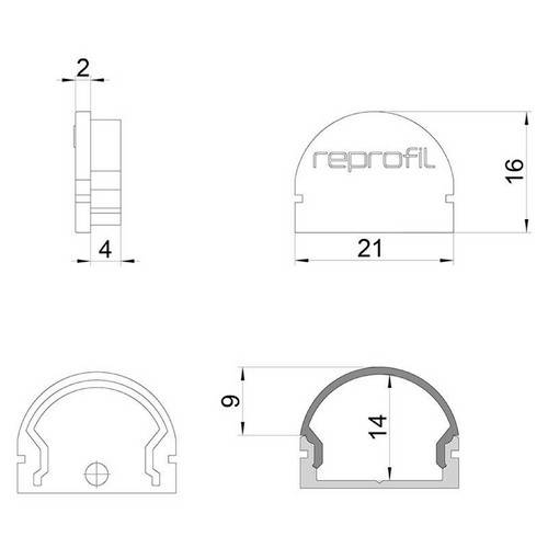 Rysunek techniczny półkola, wymiary: 16x21 mm. Przekrój ukazuje strukturę wewnętrzną. Tekst 'reprofil' na górze.