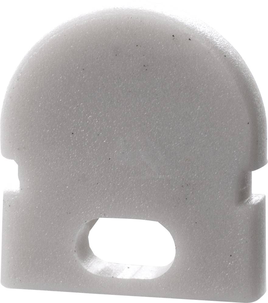 Szara, okrągła część plastikowa z płaską podstawą i prostokątnym otworem pośrodku.