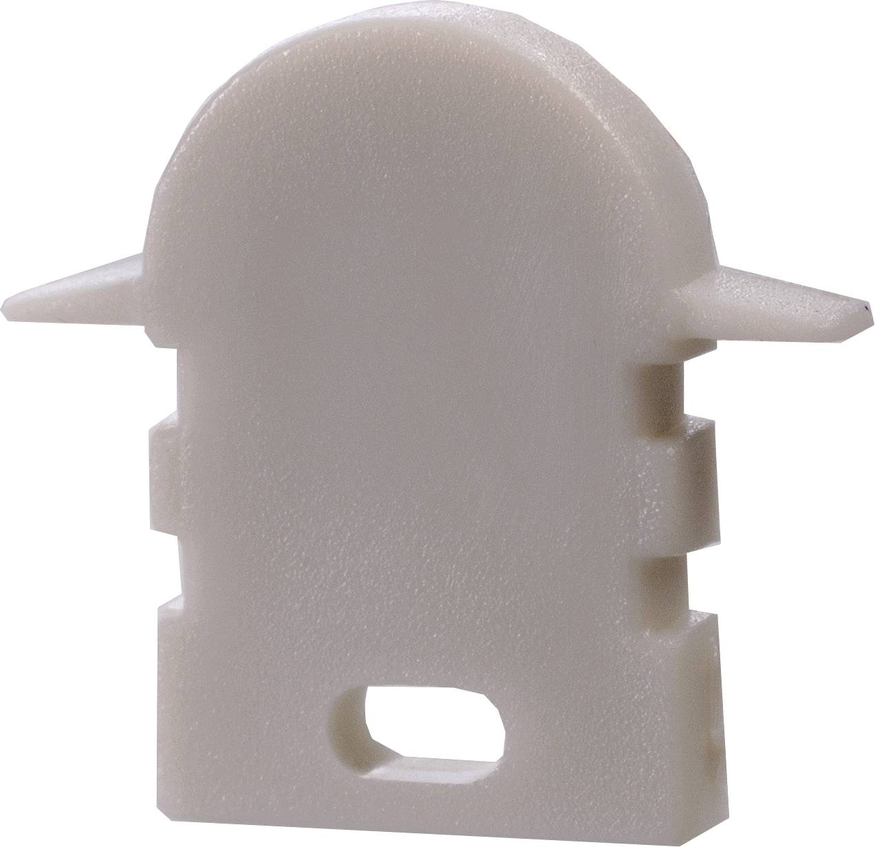Biała, plastyczna część konstrukcyjna z dwoma bocznymi wypustkami i prostokątnym otworem na dole.
