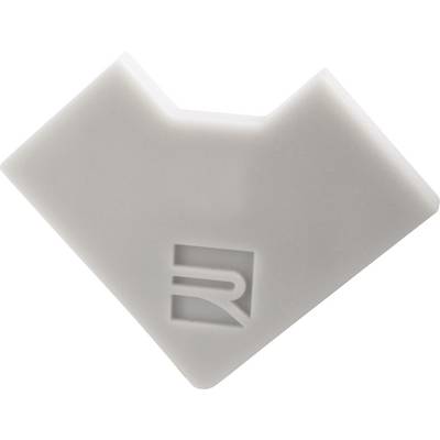 Biały, geometryczny obiekt z tworzywa sztucznego z wytłoczonym logo 'R'. Kształt trapezowaty z wgłębieniem w jednym rogu.