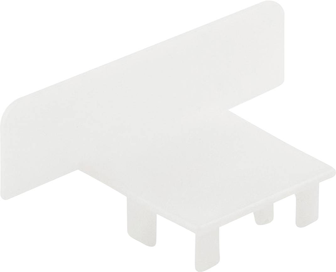 Biały, prostokątny plastikowy klips z trzema zaczepami mocującymi i gładką, wystającą powierzchnią skierowaną do góry.