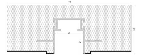 Przekrój profilu aluminiowego: szerokość całkowita 125 mm, wysokość całkowita 50 mm, zagłębienie centralne 28 mm głębokie, 24 mm wysokie.