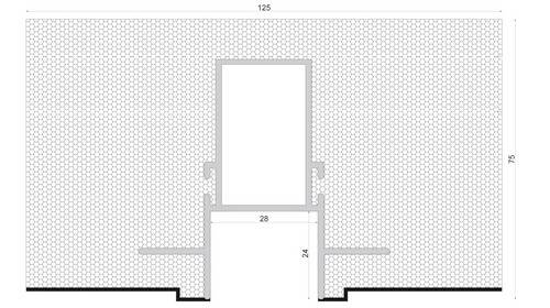 Rysunek techniczny ściany z sześciokątną strukturą plastra miodu i prostokątnym wycięciem pośrodku, z naniesionymi wymiarami.