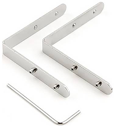 Dwie metalowe wsporniki ścienne w kształcie litery L oraz klucz imbusowy. Służą do zamocowania przedmiotu na ścianie.