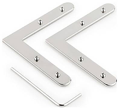 Dwa metalowe kątowniki w kształcie litery L oraz klucz imbusowy, które są używane do łączenia lub stabilizacji struktur.