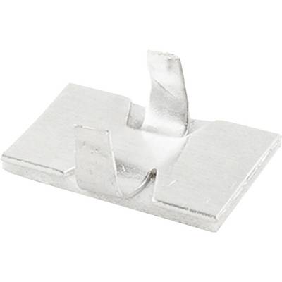 Mały, metalowy klips ze stali nierdzewnej z dwoma pionowymi zaczepami, nadający się do mocowania materiałów lub przewodów.