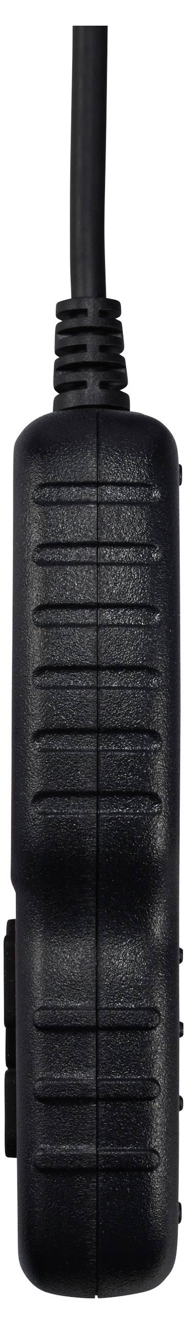 Czarny, podłużny wtyk z żebrowanym uchwytem i przewodem wystającym od góry. Odpowiedni do urządzeń elektronicznych.