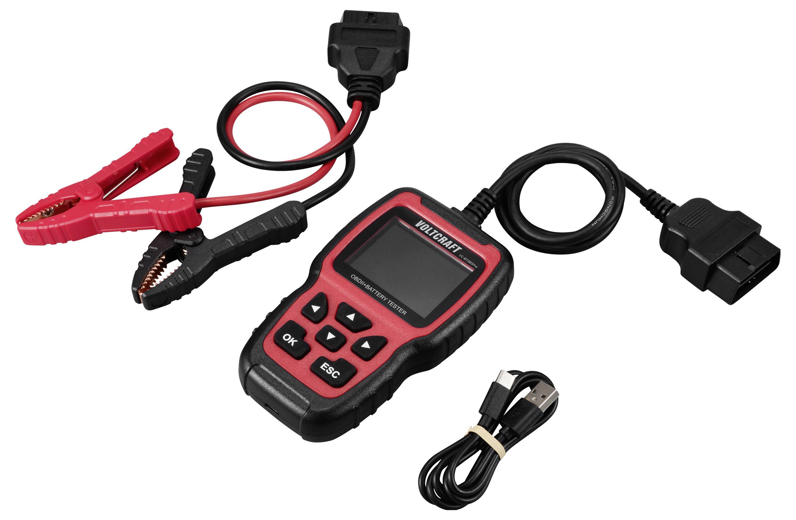 Urządzenie diagnostyczne OBD2 z ekranem, przyciskami i przewodami do podłączenia samochodu i laptopa. Wyposażone w zaciski akumulatorowe i kabel USB. Idealne do diagnostyki pojazdu.