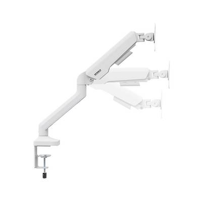 Biały, regulowany uchwyt monitora z wieloma przegubami do zamocowania na krawędzi biurka. Idealny do ergonomicznych stanowisk pracy.